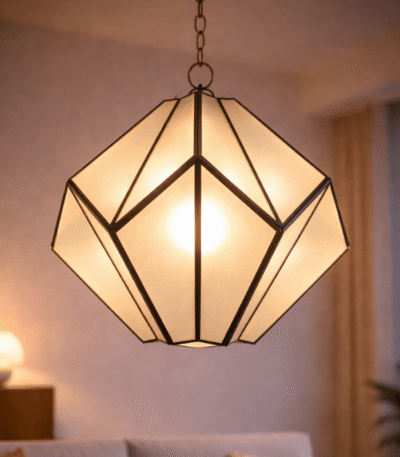 Handmade Moroccan brass pendant light casting decorative shadow patterns