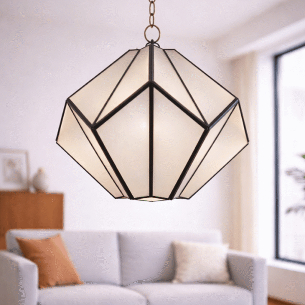 Handmade Moroccan brass pendant light casting decorative shadow patterns