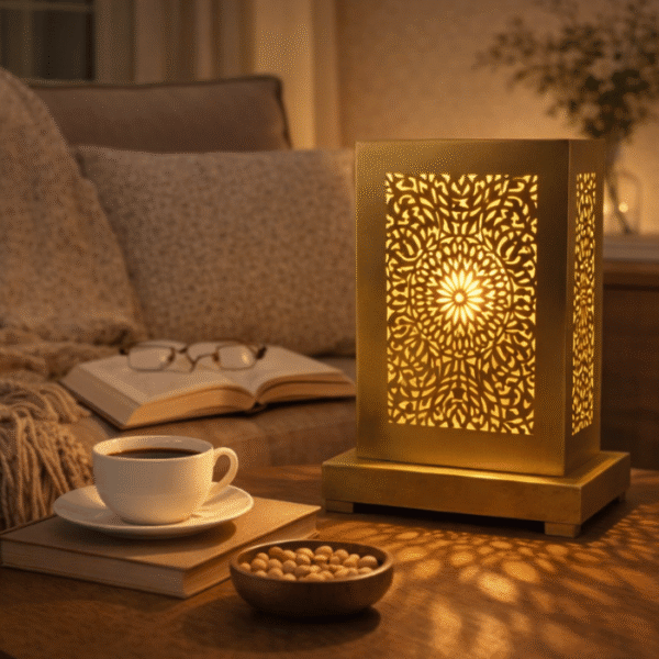 Handmade artisan Moroccan brass table lamp with decorative patterns