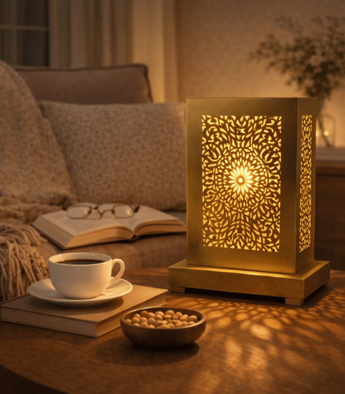 Handmade artisan Moroccan brass table lamp with decorative patterns