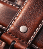 Close-up of hand-stitched Moroccan leather belt showing Berber geometric pattern and waxed thread