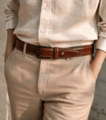 Authentic Moroccan handcrafted leather belt with brass buckle, natural brown dye, made in Marrakech