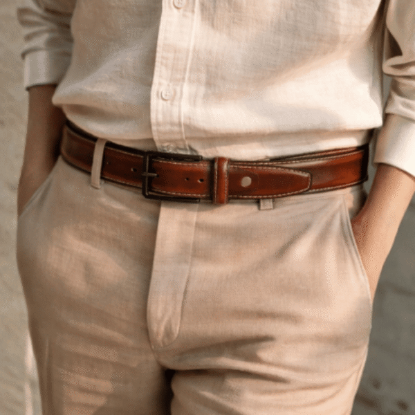 Authentic Moroccan handcrafted leather belt with brass buckle, natural brown dye, made in Marrakech