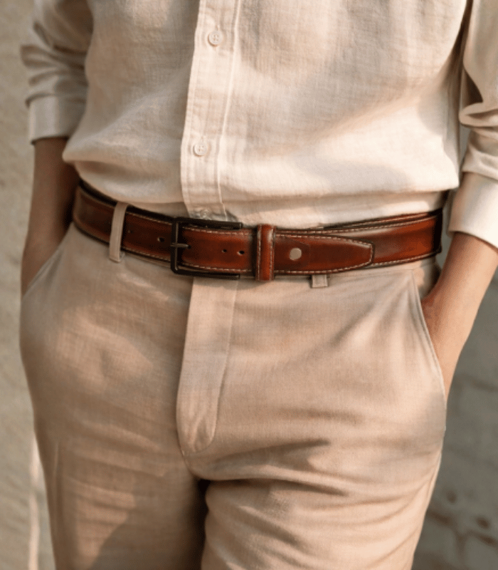 Authentic Moroccan handcrafted leather belt with brass buckle, natural brown dye, made in Marrakech
