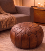 Brown handmade Moroccan leather pouf ottoman handcrafted in Marrakech