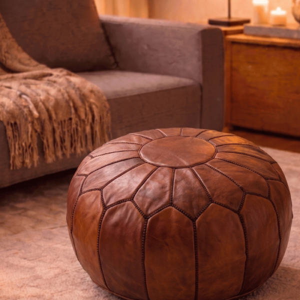 Brown Handmade Moroccan Leather Pouf Ottoman Handcrafted In Marrakech