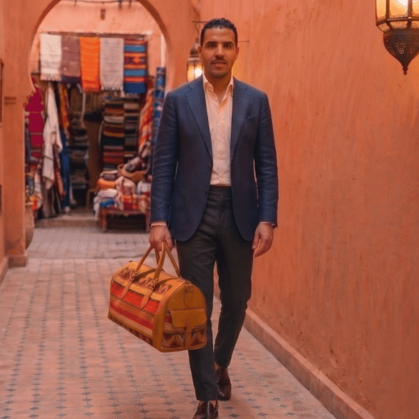 Handmade Brown Kilim Travel Bag Crafted From Genuine Leather And Vintage Moroccan Kilim Textile.