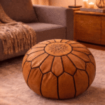 Brown leather Moroccan pouffe ottoman with detailed stitching and embroidery handmade in Marrakech