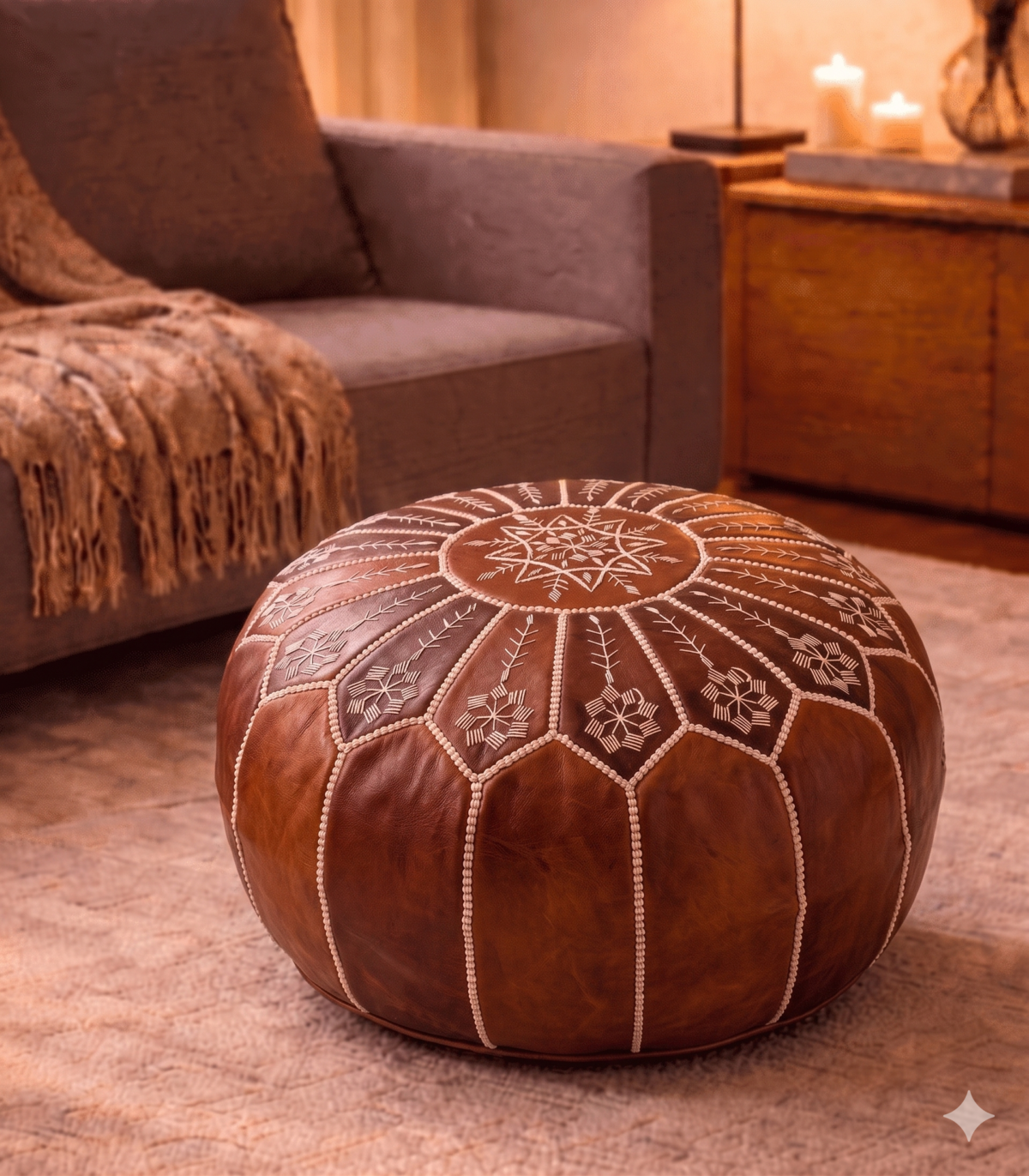 Dark brown hand-stitched Moroccan leather pouf handmade in Marrakech