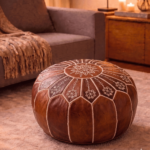 Dark brown hand-stitched Moroccan leather pouf handmade in Marrakech