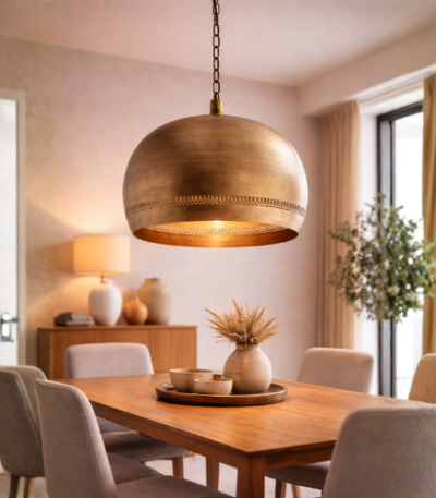 Handmade gold brass Moroccan hanging lamp with elegant artisan finish