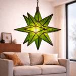 Green Moroccan star glass hanging lamp with emerald mosaic panels and geometric iron star frame, handmade in Morocco
