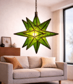 Green Moroccan star glass hanging lamp with emerald mosaic panels and geometric iron star frame, handmade in Morocco