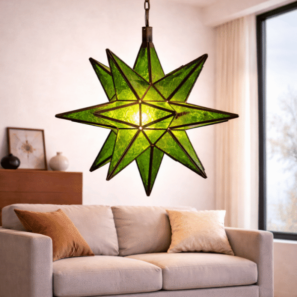 Green Moroccan star glass hanging lamp with emerald mosaic panels and geometric iron star frame, handmade in Morocco
