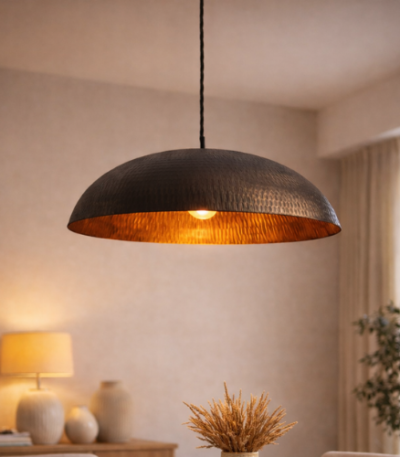 Luxury handcrafted hammered brass Moroccan hanging lamp with artisan texture