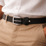 Handmade black Moroccan leather belt with oxidized black buckle, naturally dyed with oak gall and charcoal, crafted in Fès Morocco
