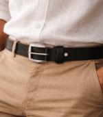 Handmade black Moroccan leather belt with oxidized black buckle, naturally dyed with oak gall and charcoal, crafted in Fès Morocco