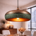 Handmade copper cluster pendant light with green patina finish