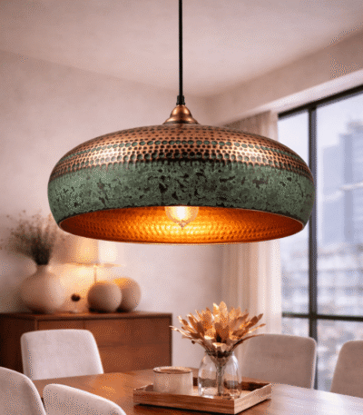 Handmade copper cluster pendant light with green patina finish