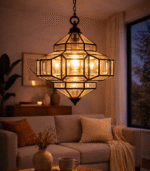 Moroccan Glass Lantern – Handmade Clear Glass & Black Metal Light Fixture - Image 4