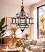 Moroccan Glass Lantern – Handmade Clear Glass & Black Metal Light Fixture