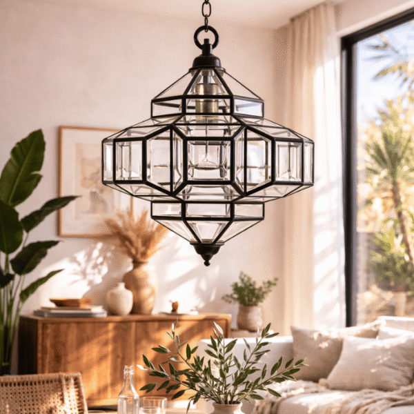 Moroccan Glass Lantern – Handmade Clear Glass & Black Metal Light Fixture