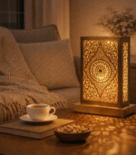 Handmade Moroccan bedside light in brass with warm ambient glow