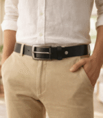 Moroccan black leather belt with antique brass buckle, handcrafted using natural oak gall dye, made in Fès Morocco