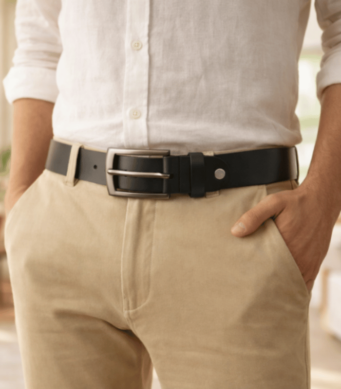 Moroccan black leather belt with antique brass buckle, handcrafted using natural oak gall dye, made in Fès Morocco