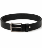 Man wearing a handcrafted Moroccan black leather belt with jeans and white shirt, artisan made in Marrakech