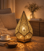 Moroccan handmade brass table lamp with hand-engraved floral body and fabric shade warm amber light