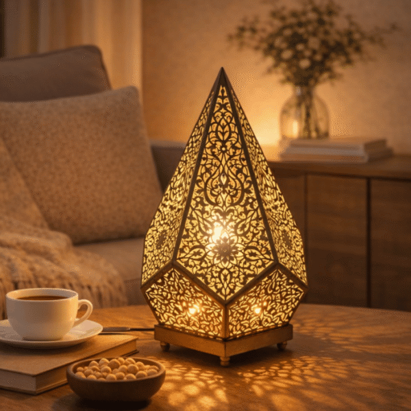 Moroccan handmade brass table lamp with hand-engraved floral body and fabric shade warm amber light