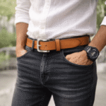 Man wearing handcrafted Moroccan brown leather belt with chinos and linen shirt, artisan made in Marrakech Morocco