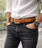 Man wearing handcrafted Moroccan brown leather belt with chinos and linen shirt, artisan made in Marrakech Morocco