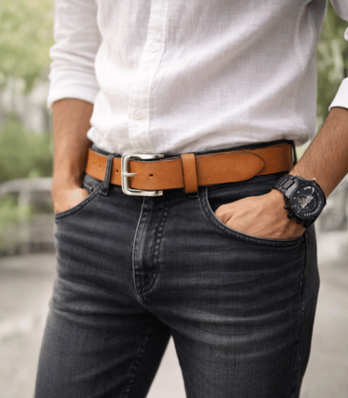 Man wearing handcrafted Moroccan brown leather belt with chinos and linen shirt, artisan made in Marrakech Morocco