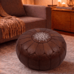 Moroccan brown leather pouf handmade in Marrakech from genuine leather
