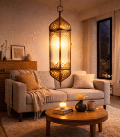 Moroccan handmade elongated clear glass drop pendant lamp with brass collar modern minimalist style