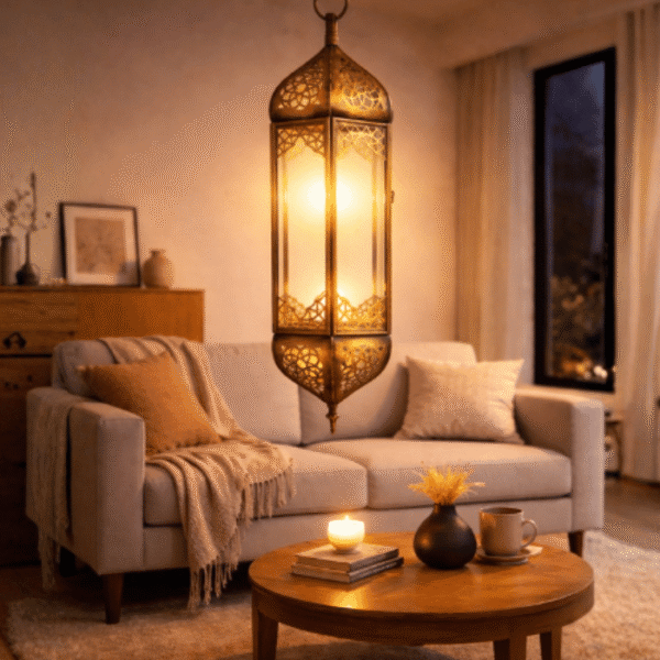 Moroccan handmade elongated clear glass drop pendant lamp with brass collar modern minimalist style