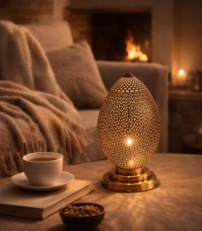 Moroccan rustic hand-hammered brass table lamp aged finish industrial boho style artisan made