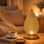 Moroccan rustic hand-hammered brass table lamp aged finish industrial boho style artisan made