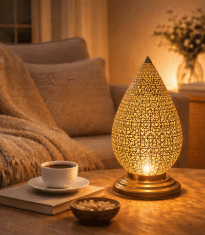 Moroccan rustic hand-hammered brass table lamp aged finish industrial boho style artisan made