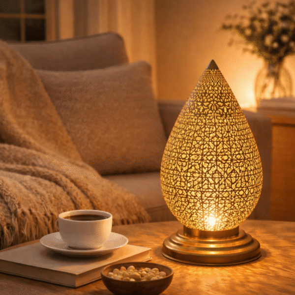 Moroccan rustic hand-hammered brass table lamp aged finish industrial boho style artisan made