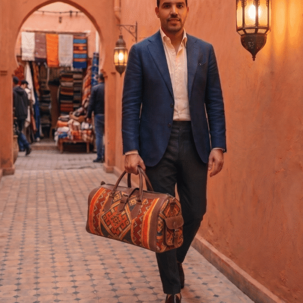 Woman carrying authentic Moroccan handcrafted brown leather shoulder bag in medina street, genuine leather artisan bag from Marrakech Morocco