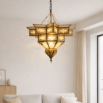 Moroccan milk glass cylinder hanging pendant lamp with arabesque cutout pattern and brass end caps