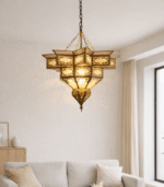 Moroccan milk glass cylinder hanging pendant lamp with arabesque cutout pattern and brass end caps