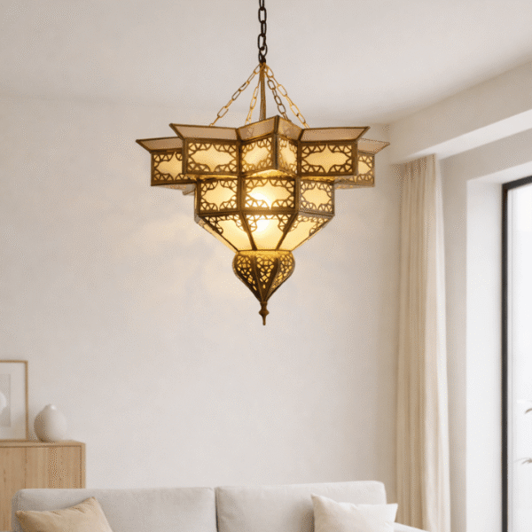 Moroccan milk glass cylinder hanging pendant lamp with arabesque cutout pattern and brass end caps