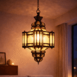 Moroccan handmade milk glass hanging lamp with warm amber glow, single pendant, bohemian style