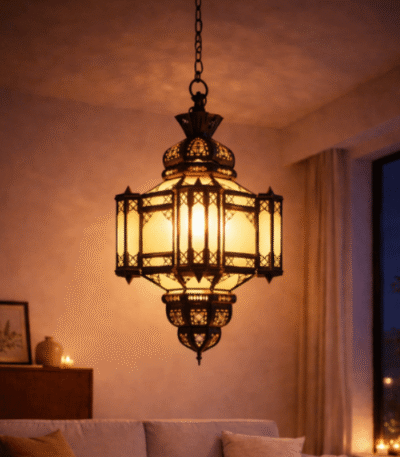 Moroccan handmade milk glass hanging lamp with warm amber glow, single pendant, bohemian style