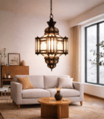 Moroccan handmade milk glass hanging lamp with warm amber glow, single pendant, bohemian style