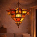 Moroccan handmade mosaic glass pendant lamp with bold red and yellow tiles dramatic Marrakech geometric pattern